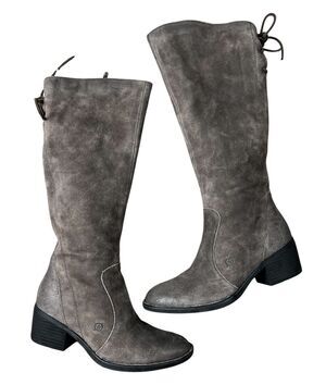 Born Felicia Knee High Mid Heel Gray Suede Boot w Back Lace-up Detail  Size 7.5